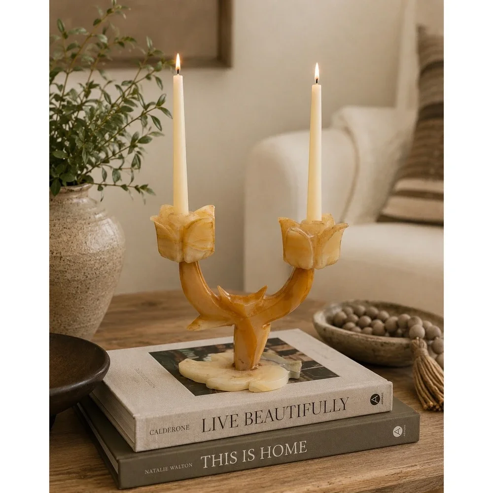 Vintage Onyx Stone Double Tulip Candle Holder Hand Carved Tan Cream 6in Heavy